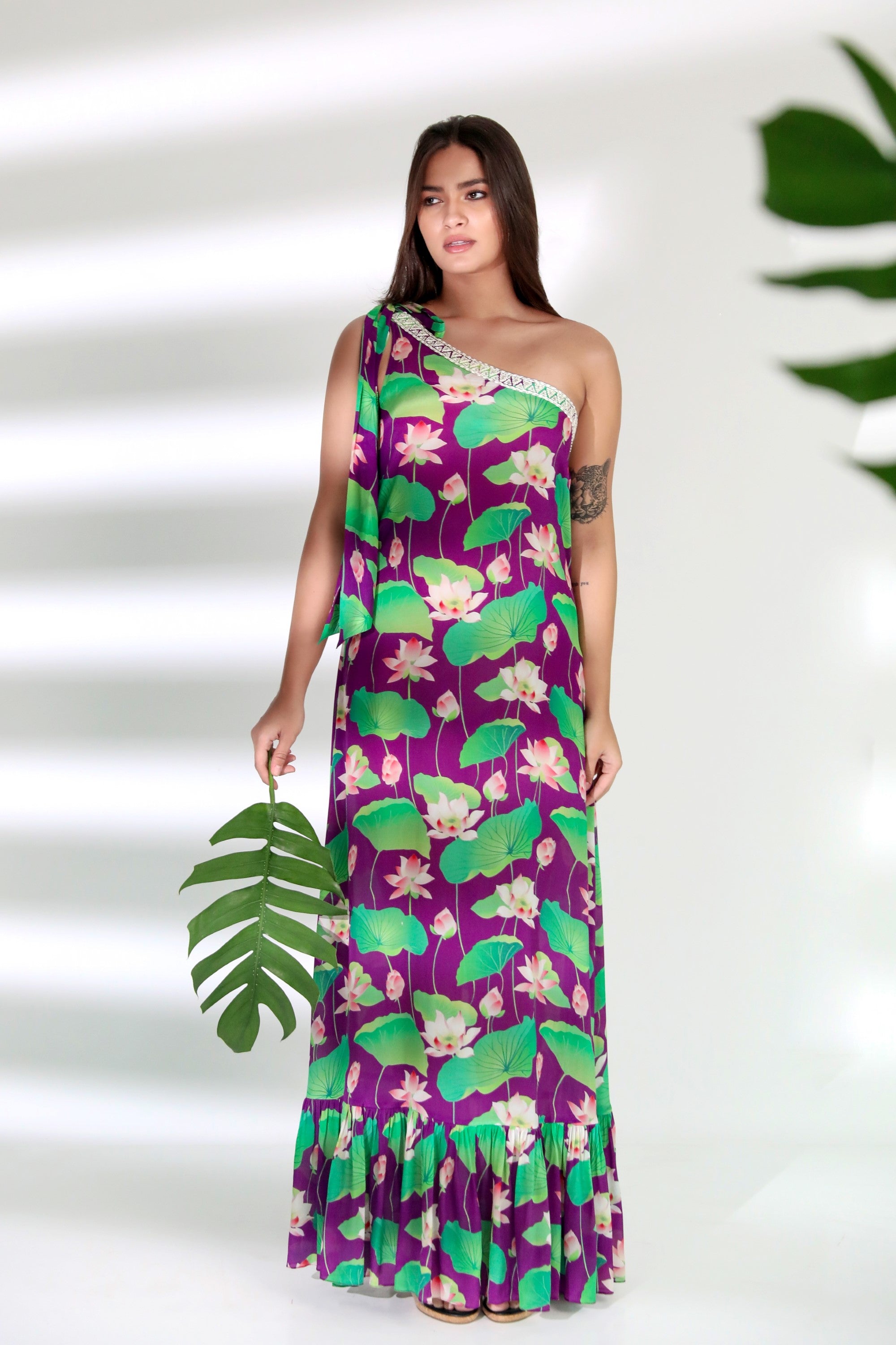 Lotus Print One Shoulder Dress