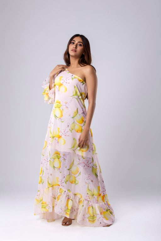 Lemon Print One-Shoulder Dress