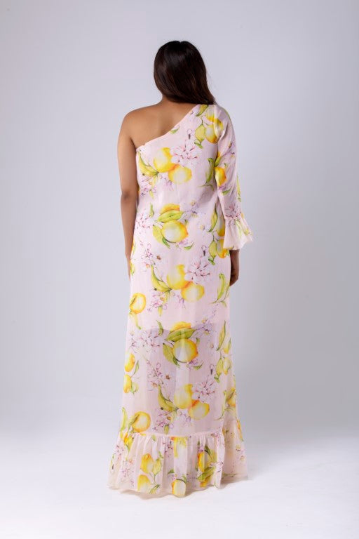 Lemon Print One-Shoulder Dress