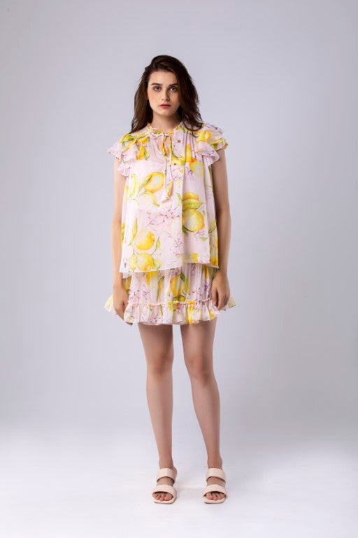 Lemon Print Frill Detailed Tie-Up Top