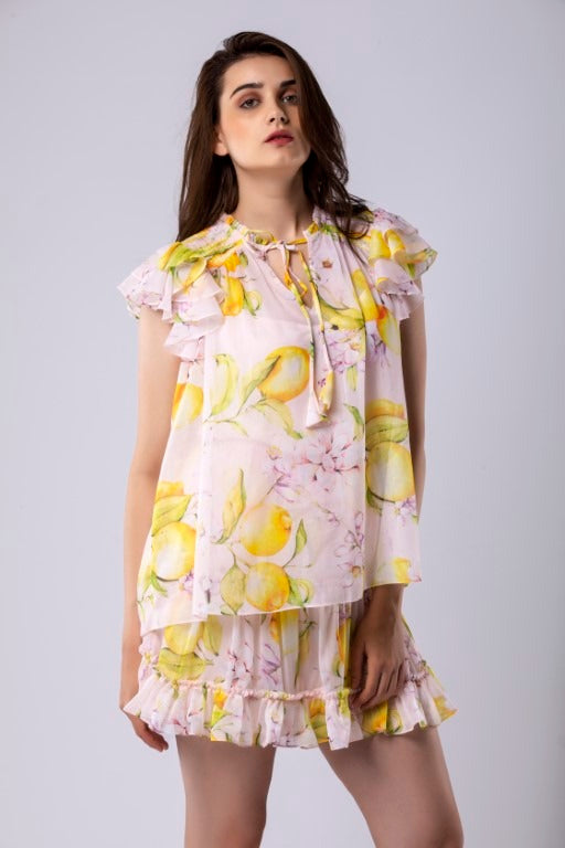 Lemon Print Frill Detailed Tie-Up Top