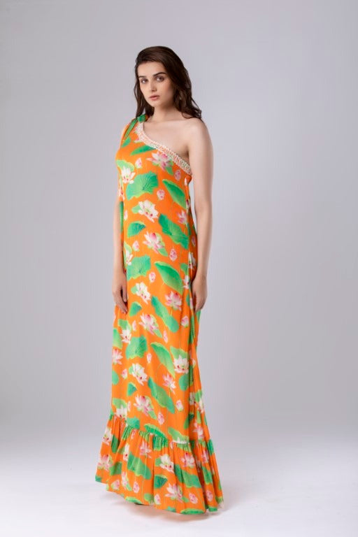 Lotus Print One Shoulder Dress